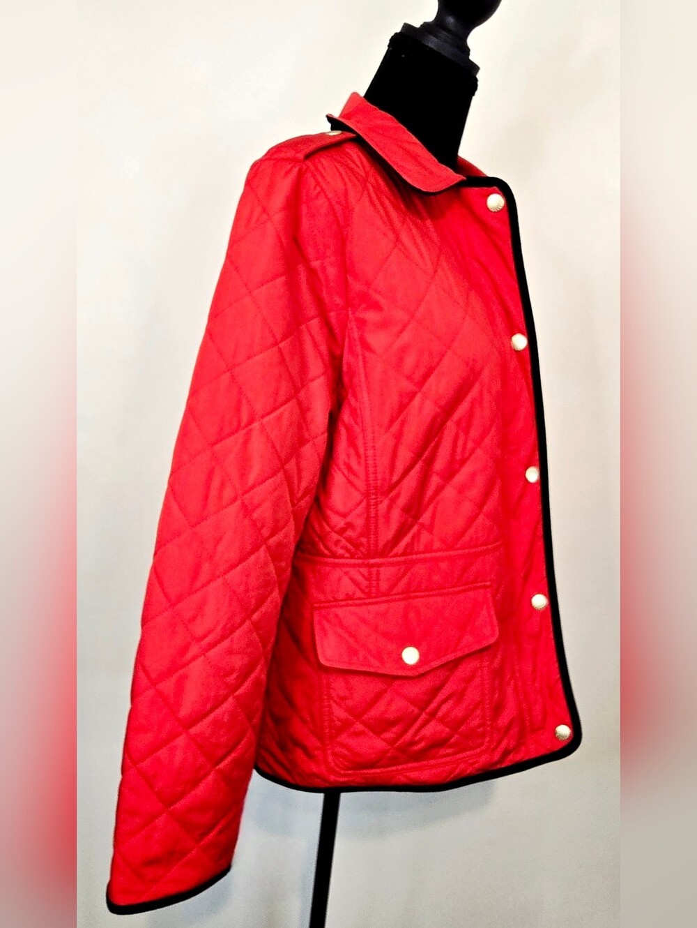 Talbots Red Quilted Jacket Navy Trim Gold Snap Preppy Coastal Coat Old Money - Picture 8 of 12